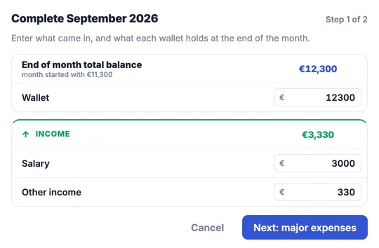 Step one of the complete-month dialog for September 2026: a field for the wallet holding 12,300, and fields for salary of 3,000 and other income of 330.